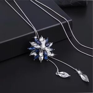 Floral Lariat Gorgeous Slide Necklace Blue & Silver Tone Modern New